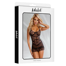 Lenjerie sexy 2 piese ADALET Scarlett, Babydoll cu dantelă și fundițe + Chilot tanga, negru, mărime L/XL