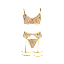 Lenjerie sexy 4 piese ADALET Zoey, Sutien + Chilot tanga + Portjartier + Jartiere, galben cu dantelă florală, mărime L/XL