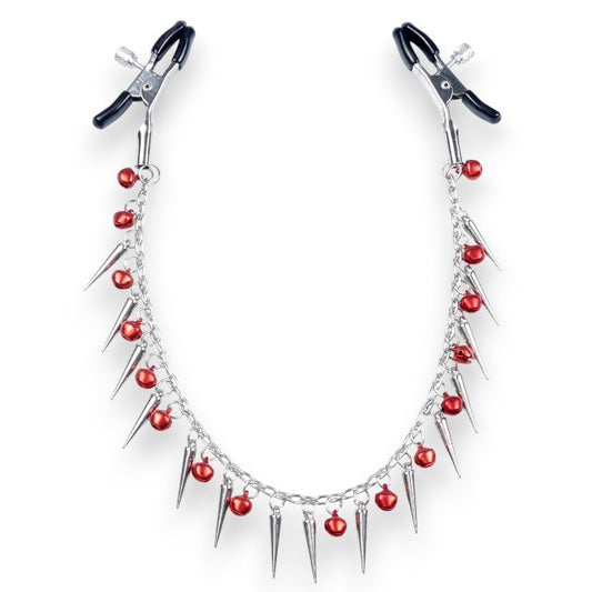 Cleme pentru sfârcuri B-SERIES Exclusive Nipple Clamps, design cu lanț, țepi și clopoței, argintiu cu roșu (61-00011)