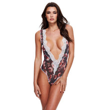 Lenjerie erotică teddy BACI LINGERIE Grey Floral & Lace, body sexy din plasă cu dantelă, design gri cu flori, marime S/M