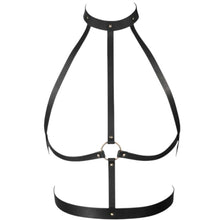 Ham feminin BIJOUX INDISCRETS Maze H Harness, design cu choker și inel sub sâni, din piele ecologică, negru, mărime universală