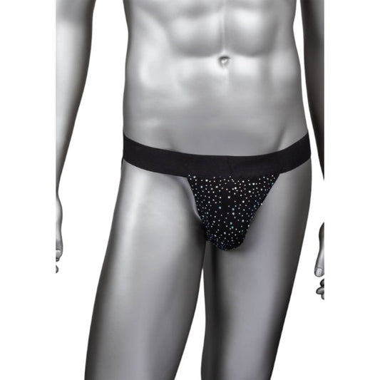 Chilot sexy bărbați CALEXOTICS Radiance Jock Strap, cu benzi subțiri pe fese, design din plasă cu strasuri, negru, mărime universală (40-3)