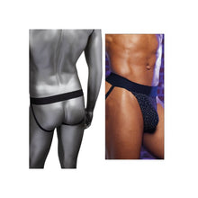 Chilot sexy bărbați CALEXOTICS Radiance Jock Strap, cu benzi subțiri pe fese, design din plasă cu strasuri, negru, mărime universală (40-3)
