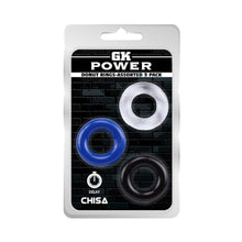 Set 3 inele pentru penis CHISA GK POWER Donut Rings, din TPE, diametru 1.8 cm, culori albastru, alb și negru
