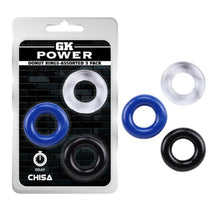 Set 3 inele pentru penis CHISA GK POWER Donut Rings, din TPE, diametru 1.8 cm, culori albastru, alb și negru