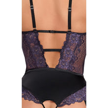 Lenjerie teddy COTTELLI Lingerie Body, body crotchless din dantelă florală cu portjartier, culoare mov cu negru, mărime S
