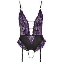 Lenjerie teddy COTTELLI Lingerie Body, body crotchless din dantelă florală cu portjartier, culoare mov cu negru, mărime S