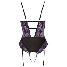 Lenjerie teddy COTTELLI Lingerie Body, body crotchless din dantelă florală cu portjartier, culoare mov cu negru, mărime S