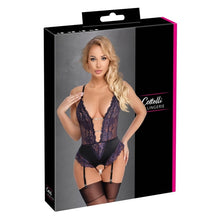 Lenjerie teddy COTTELLI Lingerie Body, body crotchless din dantelă florală cu portjartier, culoare mov cu negru, mărime S