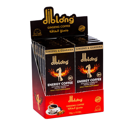 Cutie 12 afrodisiace tip cafea premium concentrate, DIBLONG GINSENG COFFEE, pentru barbati, pentru potenta, erectie, anti ejaculare precoce si cresterea libidoului, 100% natural, 120 gr