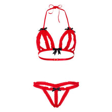 Lenjerie sexy 2 piese DARING INTIMATES Peak-A-Boo Ruffle Bra + Panty, sutien și chilot tanga cu decupaje, roșu, mărime L/XL, model 75123
