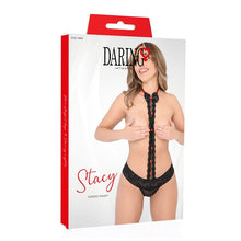 Lenjerie sexy DARING INTIMATES Stacy Tuxedo Panty, design de costum cu papion și chilot tanga, negru cu roșu, mărime S/M, model 76029