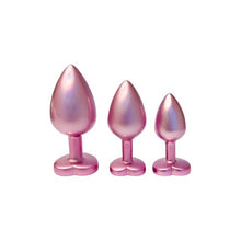Set plug anal DREAMTOYS Pearl Pink Plug, 3 dopuri de dimensiuni progresive, 7.1 cm - 9.5 cm, cu baze în formă de inimă, roz