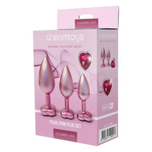 Set plug anal DREAMTOYS Pearl Pink Plug, 3 dopuri de dimensiuni progresive, 7.1 cm - 9.5 cm, cu baze în formă de inimă, roz