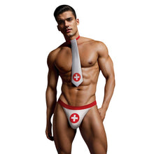 Costum sexy asistent ENVY MENSWEAR Nurse Kit, cravată și chilot tanga cu design medical, mărime M/L, culoare alb și roșu