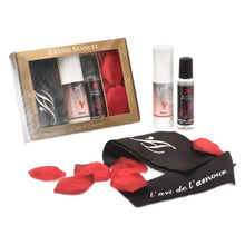 Set cadou erotic EXTASE SENSUEL L’art de l’amour, cu gel intim, lubrifiant aromat, legătură pentru ochi și petale de trandafir