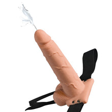 Ham Strap-on FETISH Fantasy Series Squirting Strap-on with Balls, cu funcție de ejaculare, lungime 19 cm, culoarea pielii