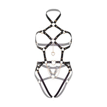 Ham feminin KINK Heart Ring Harness Teddy, design cu lanțuri și inimi din metal aurii, cu chilot detașabil, culoare negru, mărime M