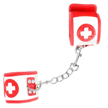 Cătușe sexy asistentă KINK Mini Nurse Wrist Restraints, pentru jocuri erotice, mărime ajustabilă, culoare alb cu roșu