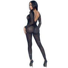 Costum sexy LEG AVENUE Sheer Rhinestone Catsuit, din plasă cu strasuri, cu spate decoltat, negru, mărime S (85636)
