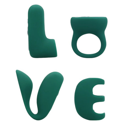 Set jucării erotice LOVELINE ‘Love’ (S)Explore Set, cu stimulator clitoris, vibrator de deget, vibrator pentru cupluri și inel de penis, verde