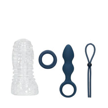 Kit LOVELINE (S)Explore Toy Kit For Him, cutie cadou cu inel de penis, plug anal, masturbator și curea pentru testicule, albastru