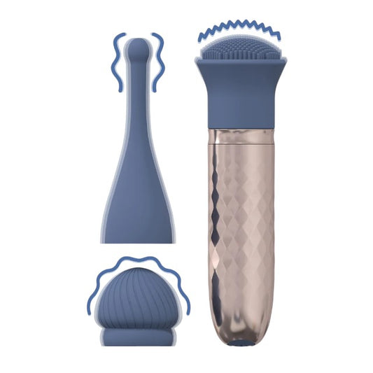 Vibrator LOVELINE The Thrill, cu 3 capete interschimbabile, din silicon premium, 10 funcții de vibrație, culoare albastru