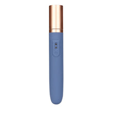 Vibrator portabil LOVELINE BY SHOTS Travel Vibrator, cu compartiment și pompă pentru lubrifiant, 10 funcții de vibrație, culoare albastru