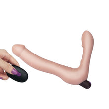 Dildo dublu LOVETOY Joy Strapless, strap-on fără ham, vibrator bullet inclus, cu telecomandă, 10 funcții de vibrație, culoarea pielii
