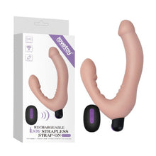 Dildo dublu LOVETOY Joy Strapless, strap-on fără ham, vibrator bullet inclus, cu telecomandă, 10 funcții de vibrație, culoarea pielii
