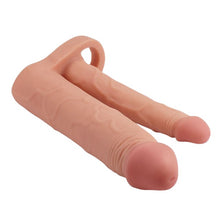 Manșon pentru extensia penisului LOVETOY Double Pleasure X-Tender, cu dildo pentru dublă penetrare, culoarea pielii