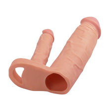Manșon pentru extensia penisului LOVETOY Double Pleasure X-Tender, cu dildo pentru dublă penetrare, culoarea pielii