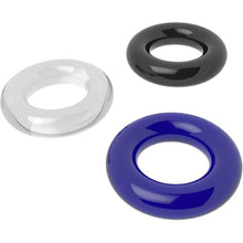 Set 3 inele pentru penis LOVETOY Power Plus Triple Donut Ring Set, din TPE, diametru 1.8 cm, culori albastru, alb și negru