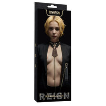 Choker LOVETOY Rebellion Knot Tie Collar, lesă BDSM din piele artificială, cu cravată și lanț auriu, mărime ajustabilă, negru cu maro