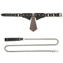 Choker LOVETOY Rebellion Knot Tie Collar, lesă BDSM din piele artificială, cu cravată și lanț auriu, mărime ajustabilă, negru cu maro
