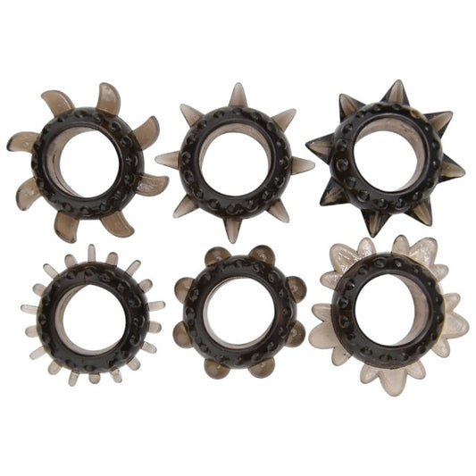 Set 6 inele pentru penis LOVING JOY Textured Rings (6 pack), din TPE, cu texturi variate, culoare negru