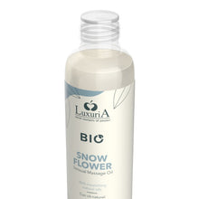 Ulei de masaj LUXURIA Bio Snow Flower, cu uleiuri naturale, fără parabeni, aromă fructată și florală, 100 ml (albastru)