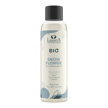 Ulei de masaj LUXURIA Bio Snow Flower, cu uleiuri naturale, fără parabeni, aromă fructată și florală, 100 ml (albastru)