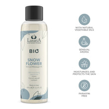 Ulei de masaj LUXURIA Bio Snow Flower, cu uleiuri naturale, fără parabeni, aromă fructată și florală, 100 ml (albastru)