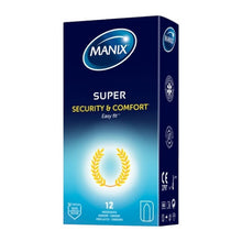Prezervative MANIX Super, din latex, lubrifiate, confortabile și rezistente, diametru 52 mm, 12 bucăți