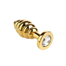 Plug anal MR. STEEL Twister Butt Plug Large, din oțel inoxidabil, cu striații și bază cu cristal, lungime 10 cm (mare), auriu