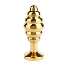 Plug anal MR. STEEL Twister Butt Plug Medium, din oțel inoxidabil, cu striații și bază cu cristal, lungime 7.8 cm (mediu), auriu