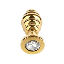 Plug anal MR. STEEL Twister Butt Plug Medium, din oțel inoxidabil, cu striații și bază cu cristal, lungime 7.8 cm (mediu), auriu