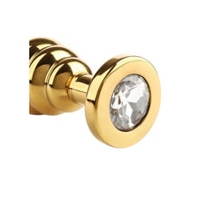 Plug anal MR. STEEL Twister Butt Plug Medium, din oțel inoxidabil, cu striații și bază cu cristal, lungime 7.8 cm (mediu), auriu