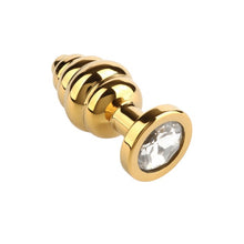 Plug anal MR. STEEL Twister Butt Plug Small, din oțel inoxidabil, cu striații și bază cu cristal, lungime 5.7 cm (mic), auriu