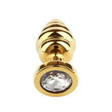Plug anal MR. STEEL Twister Butt Plug Small, din oțel inoxidabil, cu striații și bază cu cristal, lungime 5.7 cm (mic), auriu
