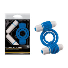 Inel vibrator pentru penis NMC Clitoral Mass, cu 2 vibratoare bullet pentru stimularea clitorisului, albastru cu alb