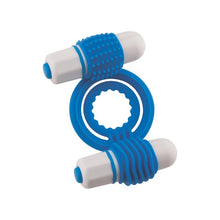 Inel vibrator pentru penis NMC Clitoral Mass, cu 2 vibratoare bullet pentru stimularea clitorisului, albastru cu alb