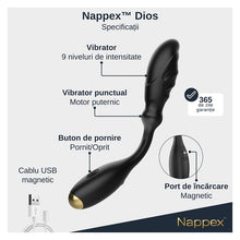 Vibrator NAPPEX Dios, cu stimulator spot, pentru stimularea punctului G și punctului P, 9 funcții de vibrație, culoare negru