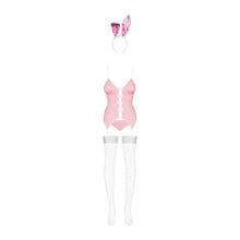 Costum sexy iepuraș OBSESSIVE Bunny Costume, corset cu jartiere + chilot cu coadă de iepuraș + bentiță cu urechi + ciorapi, roz cu alb, mărime L/XL